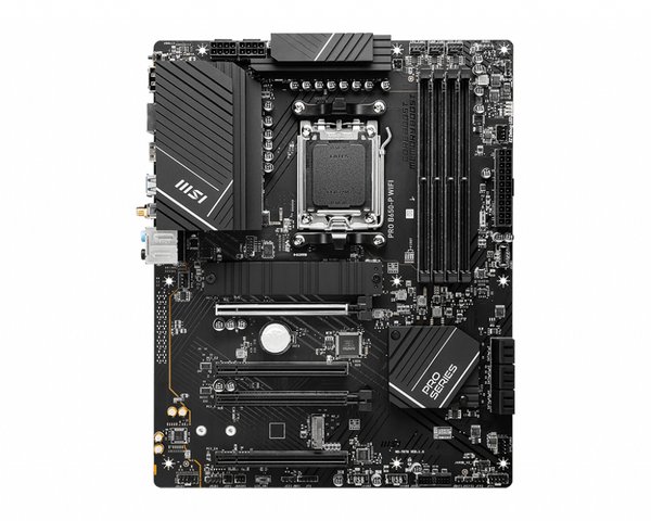 Материнская плата MSI PRO B650-P WIFI, AM5, AMD B650, 4xDDR5, 6xSATA, 2xM.2 (PCIe 4.0), 2xPCIe 4.0 x16, 2xPCIe 3.0 x16, 1xHDMI, 1xDP, 1x2.5Gb LAN, Wi-Fi, Bluetooth, 1xUSB-C 20Gbps, 3xUSB-A 10Gbps, 4xUSB-A 5Gbps, 3x3.5 мм, 7.1, чёрный, ATX