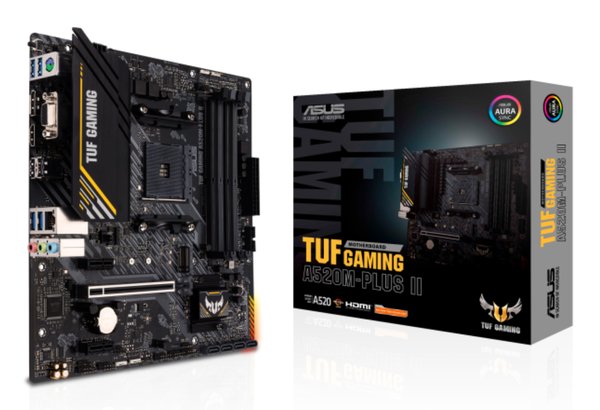 Материнская плата ASUS TUF GAMING A520M-PLUS II, AM4, AMD A520, 4xDDR4, 4xSATA, 1xM.2, 1xPCI-E 3.0 x16, 2xPCI-E x1, 1xHDMI, 1xDP, 1xVGA, 1x 1Gb LAN, 4xUSB 3.2 Gen 1, 2xUSB 2.0, 3x3.5 мм, 7.1, Micro-ATX