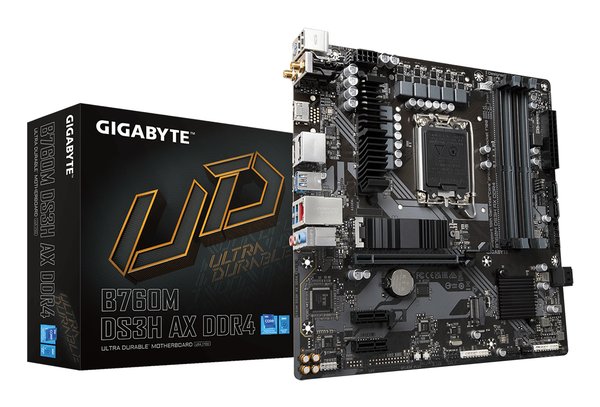 Материнская плата Gigabyte B760M DS3H AX DDR4 (V1.2/V1.3), LGA 1700, Intel B760, 4xDDR4, 4xSATA, 2xM.2, 1xPCI-E 4.0 x16, 2xPCI-E 4.0 x1, 1xHDMI, 2xDP, 1x 2.5Gb LAN, 3xUSB 3.2 Gen 1, 2xUSB 2.0, 3x3.5 мм, 7.1, Micro-ATX