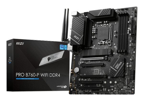 Материнская плата MSI PRO B760-P WIFI DDR4, LGA 1700, Intel B760, 4xDDR4, 4xSATA, 2xM.2, 1xPCIe 4.0 x16, 1xPCIe 4.0 x4, 3xPCIe 3.0 x1, 1xHDMI, 1xDP, 1xRJ45 2.5Gb, Wi-Fi 6E, Bluetooth 5.3, 1xUSB-C 3.2 Gen 2, 2xUSB-A 3.2 Gen 2, 4xUSB-A 2.0, 5x3.5мм, TOSLINK, 7.1, Standard-ATX