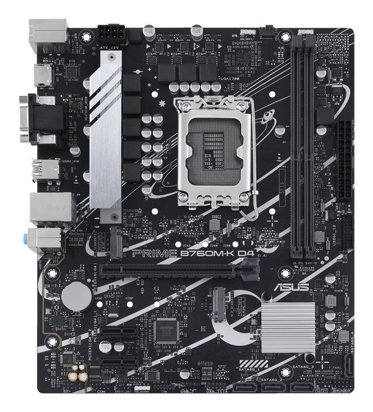 Материнская плата ASUS PRIME B760M-K D4, LGA 1700, Intel B760, 2xDDR4, 4xSATA, 2xM.2, 1xPCIe 4.0 x16, 2xPCIe x1, 1xHDMI, 1xVGA, 1x 2.5Gb LAN, 2xUSB-A 3.2 Gen 1, 2xUSB-A 2.0, 3x3.5 мм, 7.1, mATX