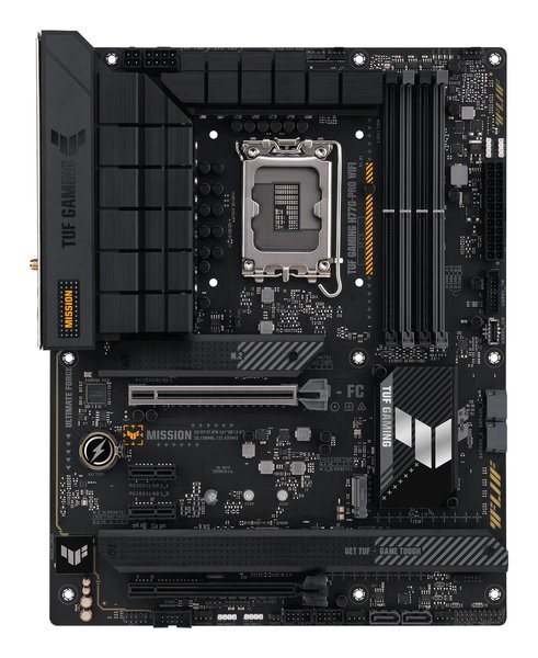Материнская плата ASUS TUF GAMING H770-PRO WIFI, LGA 1700, Intel H770, 4xDDR5, 4xSATA, 4xM.2, 1xPCIe 5.0 x16, 1xPCIe 4.0 x4, 2xUSB-A 3.2 Gen 2, 4xUSB-A 3.2 Gen 1, 1xUSB-C 3.2 Gen 2x2, 1x2.5Gb LAN, 5x3.5 мм, 7.1, Standard-ATX