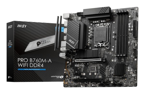 Материнская плата MSI PRO B760M-A WIFI DDR4, LGA 1700, Intel B760, 4xDDR4, 4xSATA, 2xM.2, 1xPCI-E 4.0 x16, 1xPCI-E 4.0 x4, 1xPCI-E x1, 2xHDMI, 2xDP, 1x 2.5Gb LAN, 2xUSB-A 2.0, 2xUSB-A 3.2 Gen 1, 2xUSB-A 3.2 Gen 2, 3x3.5 мм, 7.1, Micro-ATX