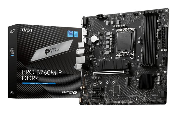 Материнская плата MSI PRO B760M-P DDR4, LGA 1700, Intel B760, 4xDDR4, 4xSATA, 2xM.2, 1xPCIe 4.0 x16, 2xPCIe 3.0 x1, 1xHDMI, 1xDP, 1xVGA, 1x1Gb LAN, 4xUSB-A 2.0, 1xUSB-A 3.2 Gen 1, 1xUSB-C 3.2 Gen 2, 3x3.5 мм, 7.1, mATX