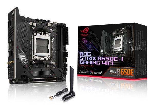 Материнская плата ASUS ROG STRIX B650E-I GAMING WIFI, AM5, AMD B650, 2xDDR5, 2xSATA, 2xM.2, 1xPCIe 5.0 x16, 1xHDMI, 1x 2.5Gb LAN, 4xUSB-A 3.2 Gen 2, 1xUSB-A 3.2 Gen 1, 1xUSB-C 3.2 Gen 2x2, 3x3.5 мм, 7.1, Mini-ITX