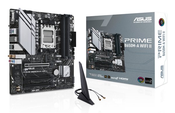Материнская плата ASUS PRIME B650M-A WIFI II, AM5, AMD B650, 4xDDR5, 4xSATA, 2xM.2, 1xPCI-E 4.0 x16, 2xPCI-E 4.0 x1, 1xHDMI, 1xDP, 1xVGA, 1x 2.5Gb LAN, 2xUSB-A 3.2 Gen 2, 2xUSB-A 3.2 Gen 1, 4xUSB-A 2.0, 3x3.5 мм, 7.1, Micro-ATX