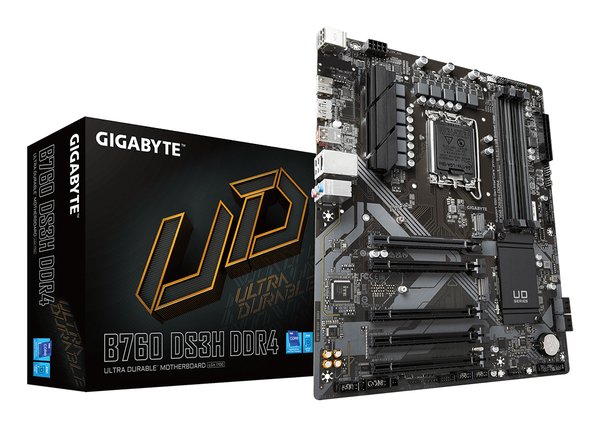 Материнская плата Gigabyte B760 DS3H DDR4, LGA 1700, Intel B760, 4xDDR4, 4xSATA, 2xM.2, 1xPCIe 4.0 x16, 4xPCIe 3.0 x1, 1xHDMI, 1xDP, 1x 1Gb LAN, 1xUSB 3.2 Gen 2, 1xUSB 3.2 Gen 2x2, 4xUSB 2.0, 3x3.5 мм, 7.1, ATX