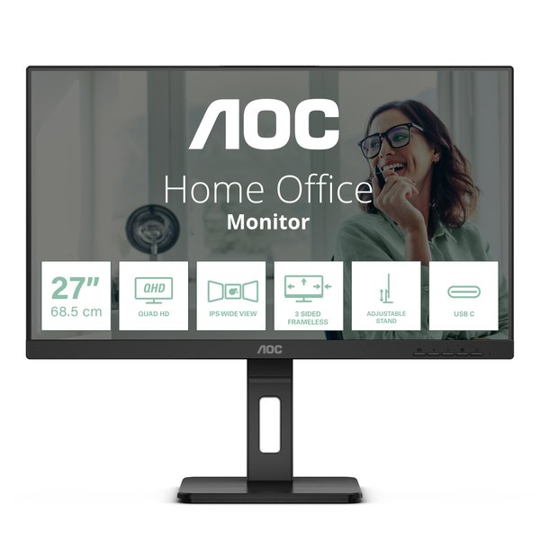 Монитор 27" AOC Q27P3CV IPS 2560x1440, 75 Гц, 4 мс, 16:9, 350 кд/м², 2xHDMI 1.4, DisplayPort 1.2, USB-концентратор (4x USB 3.0), 2.5 Gigabit Ethernet, встроенные динамики, черный