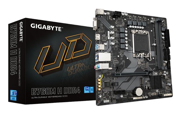 Материнская плата Gigabyte B760M H DDR4, LGA 1700, Intel B760, 2xDDR4, 4xSATA, 2xM.2, 1xPCIe 4.0 x16, 1xPCIe x1, 1xHDMI, 1xVGA, 1x 1Gb LAN, 2xUSB 2.0, 4xUSB 3.2 Gen 1, 3x3.5 мм, 7.1, Micro ATX
