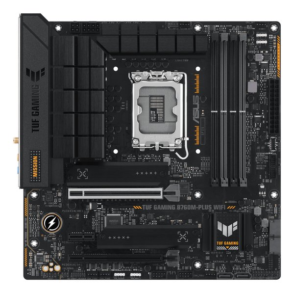Материнская плата ASUS TUF GAMING B760M-PLUS, LGA 1700, Intel B760, 4xDDR5, 4xSATA, 2xM.2, 1xPCIe 5.0 x16, 1xPCIe 4.0 x4, 1xPCIe x1, 2xUSB-A 3.2 Gen 2, 3xUSB-A 3.2 Gen 1, 2xUSB 2.0, 1xUSB-C 3.2 Gen 2x2, 1x2.5Gb LAN, 5x3.5 мм, 7.1, mATX