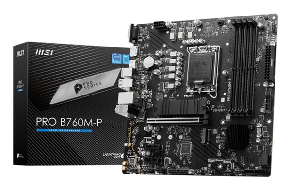 Материнская плата MSI PRO B760M-P DDR5, LGA 1700, Intel B760, 4xDDR5, 4xSATA, 2xM.2, 1xPCIe 4.0 x16, 2xPCIe 3.0 x1, 1xHDMI, 1xDP, 1xVGA, 1x1Gb LAN, 4xUSB-A 2.0, 1xUSB-A 3.2 Gen 1, 1xUSB-C 3.2 Gen 2, 3x3.5 мм, 7.1, mATX