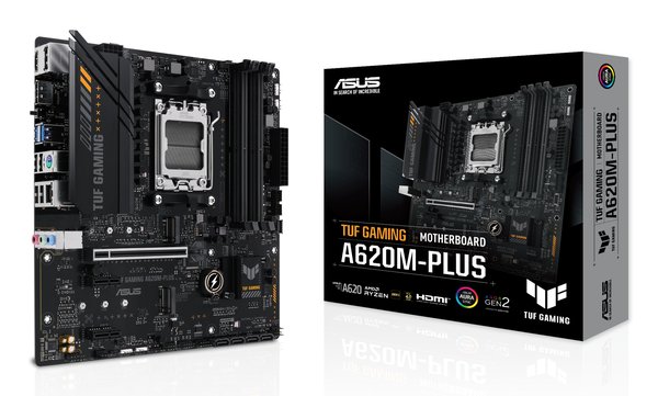 Материнская плата ASUS TUF GAMING A620M-PLUS, AM5, AMD A620, 4xDDR5, 4xSATA, 2xM.2, 1xPCI-E 4.0 x16, 2xPCI-E x1, 2xDP, 1xHDMI, 1x 2.5Gb LAN, 2xUSB-A 3.2 Gen 1, 4xUSB-A 2.0, 3x3.5 мм, 7.1, Micro-ATX