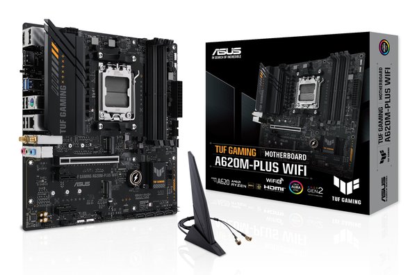 Материнская плата ASUS TUF GAMING A620M-PLUS WIFI, AM5, AMD A620, 4xDDR5, 4xSATA, 2xM.2, 1xPCIe 4.0 x16, 2xPCIe x1, 2xDP, 1xHDMI, 1x 2.5Gb LAN, 4xUSB-A 2.0, 2xUSB-A 3.2 Gen 1, 3x3.5 мм, 7.1, mATX