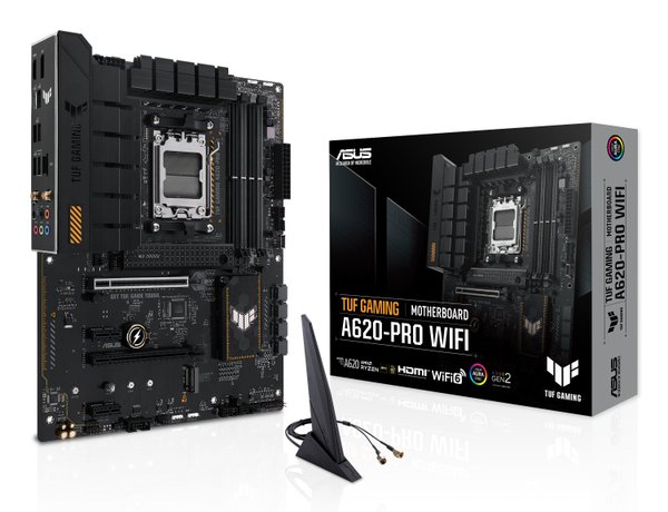 Материнская плата ASUS TUF GAMING A620-PRO WIFI, AM5, AMD A620, 4xDDR5, 4xSATA, 2xM.2, 1xPCI-E 4.0 x16, 1xPCI-E 3.0 x16, 2xPCI-E x1, 1xHDMI, 1xDP, 1x 2.5Gb LAN, 3xUSB-A 2.0, 2xUSB-A 3.2 Gen 2, 1xUSB-C 3.2 Gen 1, 5x3.5 мм, 7.1, ATX