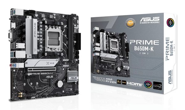 Материнская плата ASUS PRIME B650M-K, Socket AM5, AMD B650, 2xDDR5, 4xSATA, 2xM.2, 1xPCIe 4.0 x16, 2xPCIe 4.0 x1, 1xHDMI, 1xVGA, 1x 2.5Gb LAN, 4xUSB-A 2.0, 2xUSB-A 3.2 Gen 1, 2xUSB-A 3.2 Gen 2, 3x3.5 мм, 7.1, mATX