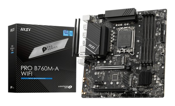 Материнская плата MSI PRO B760M-A WIFI, LGA 1700, Intel B760, 4xDDR5, 4xSATA, 2xM.2, 1xPCI-E 4.0 x16, 1xPCI-E 4.0 x4, 2xHDMI, 2xDP, 1x2.5Gb LAN, 2xUSB-A 2.0, 2xUSB 3.2 Gen 1, 2xUSB 3.2 Gen 2, 3x3.5 мм, 7.1, Micro-ATX