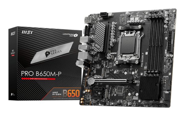 Материнская плата MSI PRO B650M-P, AM5, AMD B650, 4xDDR5, 4xSATA, 2xM.2, 1xPCI-E 4.0 x16, 2xPCI-E 4.0 x1, 1xHDMI, 1xDP, 1xVGA, 1x2.5Gb LAN, 2xUSB 3.2 Gen 1, 2xUSB 3.2 Gen 2, 3x3.5 мм, 7.1, Micro-ATX