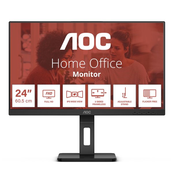 Монитор 24" AOC 24E3QAF, IPS 1920x1080, 75 Гц, 4 мс, 16:9, 300 кд/м², 1xHDMI, 1xDP, 1xVGA, 2xUSB-A 3.2, 2x3 Вт, черный