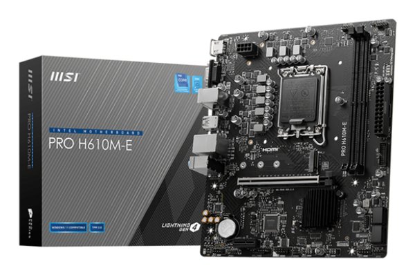 Материнская плата MSI PRO H610M-E, LGA 1700, Intel H610, 2xDDR5, 4xSATA, 1xM.2, 1xPCIe 4.0 x16, 1xPCIe 4.0 x1, 1xHDMI, 1xVGA, 1xRJ45 1Gb, 2xUSB-A 3.2 Gen 1, 4xUSB-A 2.0, 3x3.5мм, 7.1, mATX
