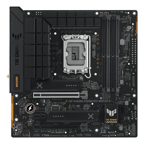 Материнская плата ASUS TUF GAMING B760M-BTF WIFI D4, LGA 1700, Intel B760, 4xDDR4, 4xSATA, 3xM.2, 1xPCIe 5.0 x16, 1xPCIe 4.0 x4, 1xPCIe x1, 1xUSB-A 3.2 Gen 2, 2xUSB-A 3.2 Gen 1, 4xUSB 2.0, 1xUSB-C 3.2 Gen 1, 1xUSB-C 3.2 Gen 2, 1x2.5Gb LAN, 3x3.5 мм, 7.1, 2.5Gb LAN, Wi-Fi 6, Bluetooth 5.2, mATX
