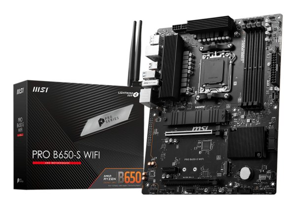 Материнская плата MSI PRO B650-S WIFI, AM5, AMD B650, 4xDDR5, 4xSATA, 2xM.2, 1xPCI-E 4.0 x16, 1xPCI-E 4.0 x4, 1xHDMI, 1xDP, 1x2.5Gb LAN, 3xUSB 3.2 Gen 1, 3xUSB 3.2 Gen 2, 6x3.5 мм, 7.1, Standard-ATX