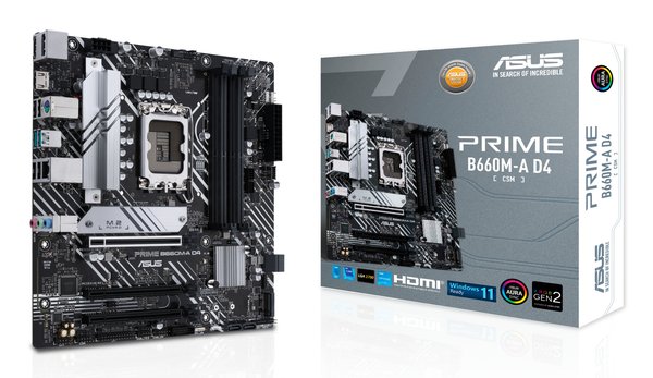 Материнская плата ASUS PRIME B660M-A D4-CSM, LGA 1700, Intel B660, 4xDDR4, 4xSATA, 2xM.2, 1xPCIe 4.0 x16, 1xPCIe 4.0 x4, 1xDP, 2xHDMI, 1x 1Gb LAN, 2xUSB-A 3.2 Gen 2, 4xUSB-A 2.0, 3x3.5 мм, 7.1, mATX