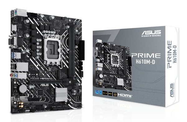 Материнская плата ASUS PRIME H610M-D, LGA 1700, Intel H610, 2xDDR5, 4xSATA, 1xM.2, 1xPCIe 4.0 x16, 1x1Gb LAN, 2xUSB-A 3.2 Gen 1, 4xUSB-A 2.0, 1xHDMI, 1xVGA, 3x3.5 мм, 1xRS-232, 7.1, mATX
