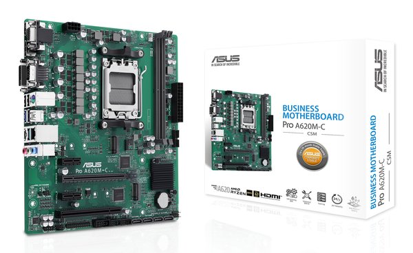 Материнская плата ASUS Pro A620M-C-CSM, AM5, AMD A620, 2xDDR5, 4xSATA, 2xM.2 PCIe 4.0 x4, 1xPCIe 4.0 x16, 2xPCIe x1, 1xRJ45 1GbE, 1xUSB 3.2 Gen 2, 3xUSB 2.0, 1xUSB-C 3.2 Gen 2, 1xDVI-D, 1xDP, 1xHDMI, 1xVGA, 3x3.5 мм, 7.1, mATX