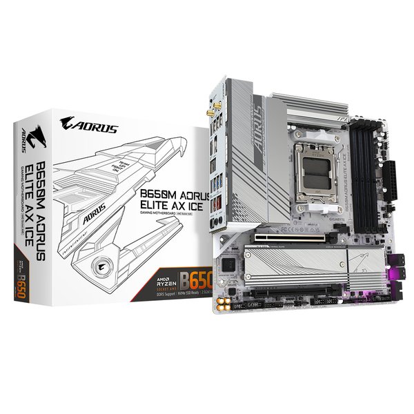 Материнская плата GIGABYTE B650M AORUS ELITE AX ICE, AM5, AMD B650, 4xDDR5, 4xSATA, 2xM.2, 1xPCIe 4.0 x16, 1xPCIe 4.0 x4, 1xDP, 1xHDMI, 1x2.5Gb LAN, Wi-Fi 6E, Bluetooth 5.3, S/PDIF, 2xUSB-C 10Gbps, 2xUSB-A 10Gbps, 5xUSB-A 5Gbps, 4xUSB-A 2.0, 2x3.5 мм, 7.1, mATX