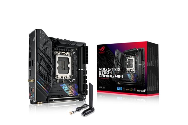 Материнская плата ASUS ROG STRIX B760-I GAMING WIFI, LGA 1700, Intel B760, 2xDDR5, 4xSATA, 2xM.2, 1xPCIe 5.0 x16, 1xHDMI, 1xDP, 1x 2.5Gb LAN, 3xUSB-A 2.0, 3xUSB-A 3.2 Gen 1, 1xUSB-C 3.2 Gen 1, 1xUSB-C 3.2 Gen 2x2, 5x3.5 мм, 7.1, Mini-ITX