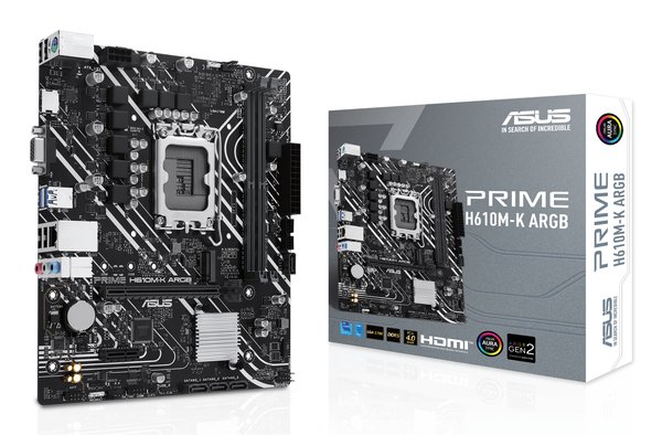 Материнская плата ASUS PRIME H610M-K ARGB, LGA1700, Intel H610, 2xDDR5, 4xSATA, 1xM.2, 1xPCIe 4.0 x16, 1xPCIe 3.0 x1, 1xVGA, 1xHDMI, 1x1Gb LAN, 2xUSB-A 5Gbps, 4xUSB-A 2.0, 3x3.5 мм, 7.1, mATX