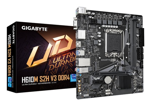 Материнская плата Gigabyte H610M S2H V3 DDR4, LGA 1700, Intel H610, 2xDDR4, 4xSATA, 1xM.2, 1xPCIe 4.0 x16, 1xPCIe x1, 1xHDMI, 1xDP, 1xVGA, 1x 1Gb LAN, 2xUSB-A 3.2 Gen 1, 4xUSB-A 2.0, 3x 3.5 мм, 7.1, mATX