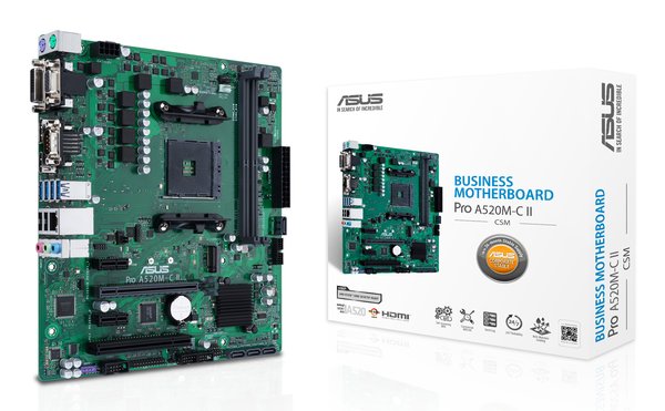 Материнская плата ASUS Pro A520M-C II/CSM, AM4, AMD A520, 2xDDR4, 4xSATA, 1xM.2, 1xPCI-E 3.0 x16, 2xPCI-E x1, 1xDVI-D, 1xDP, 1xHDMI, 1xVGA, 1x 1Gb LAN, 2xUSB-A 2.0, 4xUSB-A 3.2 Gen 1, 3x3.5 мм, Micro-ATX
