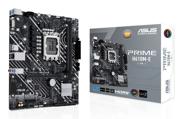 Материнская плата ASUS PRIME H610M-E-CSM, LGA 1700, Intel H610, 2xDDR5, 4xSATA, 2xM.2 PCIe 3.0 (x2, x4), 1xPCIe 4.0 x16, 1xPCIe x1, 1xHDMI, 1xDP, 1xVGA, 2xUSB-A 2.0, 2xUSB-A 3.2 Gen 1, 1x 1Gb LAN, 3x3.5 мм, 7.1, mATX