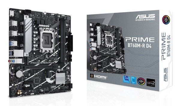 Материнская плата ASUS PRIME B760M-R D4, LGA 1700, Intel B760, 2xDDR4, 4xSATA, 2xM.2, 1xPCIe 4.0 x16, 1xPCIe x1, 1xHDMI, 1x 2.5Gb LAN, 4xUSB-A 2.0, 4xUSB-A 3.2 Gen 1, 3x3.5 мм, 7.1, mATX
