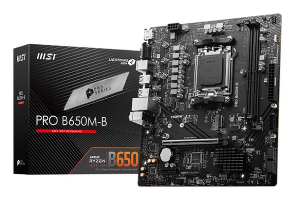 Материнская плата MSI PRO B650M-B, AM5, AMD B650, 2xDDR5, 4xSATA, 1xM.2, 1xPCI-E 4.0 x16, 1xPCI-E 4.0 x1, 1xHDMI, 1xVGA, 1x2.5Gb LAN, 2xUSB 2.0, 4xUSB 3.2 Gen 1, 3x3.5 мм, 7.1, Micro-ATX