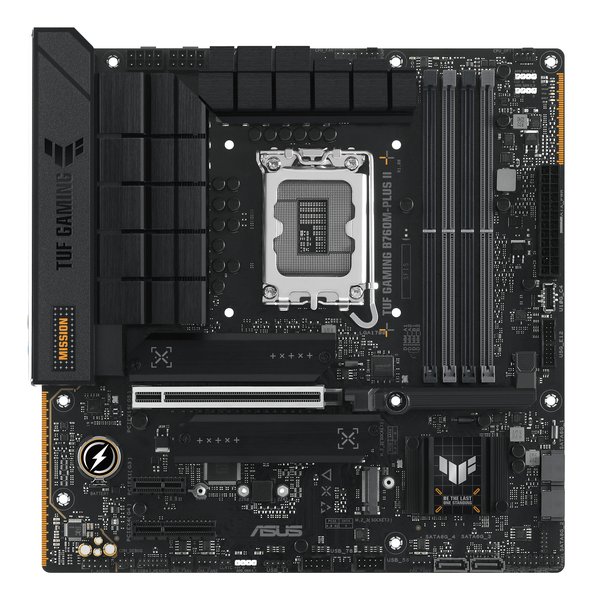 Материнская плата ASUS TUF GAMING B760M-PLUS II, LGA 1700, Intel B760, 4xDDR5, 4xSATA, 3xM.2, 1xPCIe 5.0 x16, 1xPCIe x4, 1xPCIe x1, 1xUSB-A 3.2 Gen 2, 2xUSB-A 3.2 Gen 1, 4xUSB 2.0, 1xUSB-C 3.2 Gen 2x2, 1x2.5Gb LAN, 5x3.5 мм, 7.1, mATX