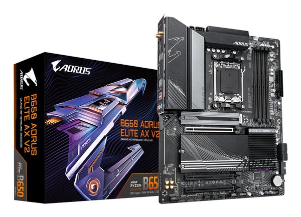 Материнская плата GIGABYTE B650 AORUS ELITE AX V2, AM5, AMD B650, 4xDDR5, 4xSATA, 3xM.2, 1xPCI-E 4.0 x16, 1xHDMI, 1xDP, 1xUSB-C 3.2 Gen 2, 5xUSB-A 3.2 Gen 1, 2xUSB-A 3.2 Gen 2, 4xUSB-A 2.0, 1x 2.5Gb LAN, 3x3.5 мм, 7.1, ATX