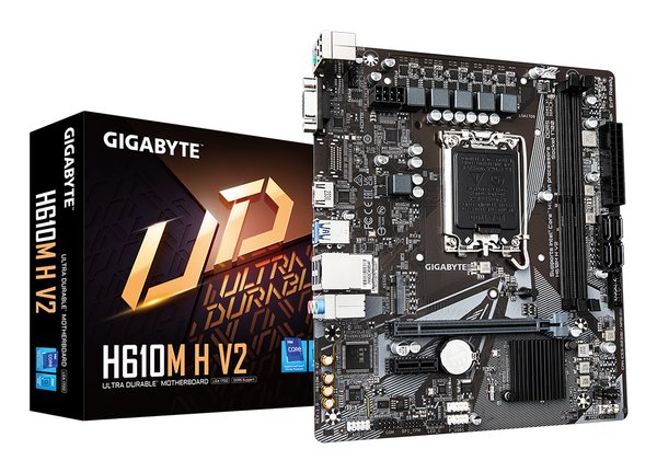 Материнская плата Gigabyte H610M H V2, LGA 1700, Intel H610, 2xDDR5, 4xSATA, 1xM.2, 1xPCIe 4.0 x16, 1xPCIe x1, 1xHDMI, 1xVGA, 1x 1Gb LAN, 2xUSB-A 3.2 Gen 1, 4xUSB-A 2.0, 3x 3.5 мм, 7.1, mATX
