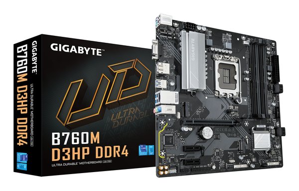Материнская плата Gigabyte B760M D3HP DDR4, LGA 1700, Intel B760, 4xDDR4, 4xSATA, 2xM.2, 1xPCIe 4.0 x16, 2xPCIe x1, 1xHDMI, 1xVGA, 1xDP, 1x 1Gb LAN, 3xUSB-A 3.2 Gen 1, 2xUSB-A 2.0, 3x3.5 мм, 7.1, mATX