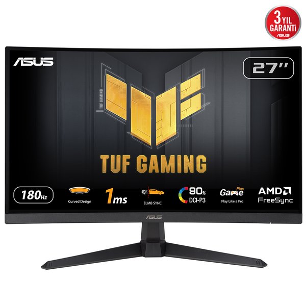 Монитор 27" ASUS TUF Gaming VG27VQ3B VA 1920x1080, 180 Гц, 1 мс, 16:9, 250 кд/м², HDMI 2.0, DP 1.2, 3.5 Jack, FreeSync, изогнутый экран (1500R), динамики (2x2 Вт), черный