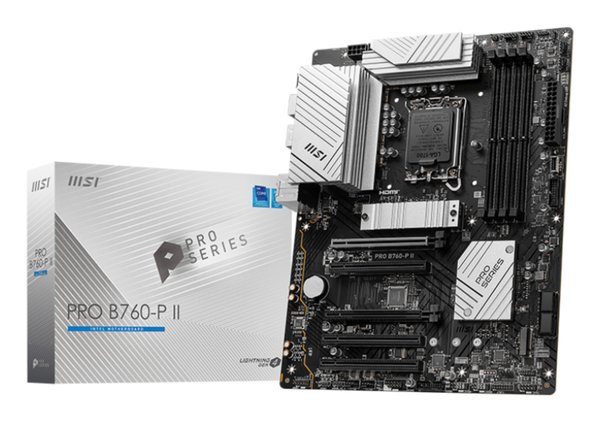 Материнская плата MSI PRO B760-P II, LGA 1700, Intel B760, 4xDDR5, 4xSATA, 2xM.2, 1xPCI-E 4.0 x16, 1xPCI-E 4.0 x4, 3xPCI-E 3.0 x1, 1xHDMI, 1xDP, 1xRJ45 2.5Gb, 1xUSB-C 3.2 Gen 2, 2xUSB-A 3.2 Gen 1, 2xUSB-A 2.0, 5x3.5мм, TOSLINK, 7.1, Standard-ATX