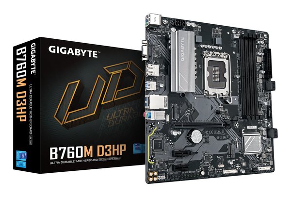 Материнская плата Gigabyte B760M D3HP DDR5, LGA 1700, Intel B760, 4xDDR5, 4xSATA, 2xM.2, 1xPCIe 4.0 x16, 1xPCIe x1, 1xHDMI, 1xVGA, 1xDP, 1x 1Gb LAN, 3xUSB-A 3.2 Gen 1, 2xUSB-A 2.0, 3x3.5 мм, 7.1, mATX