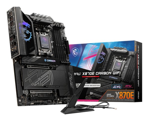 Материнская плата MSI MPG X870E CARBON WIFI, AM5, AMD X870E, 4xDDR5, 4xSATA, 4xM.2, 1xPCIe 5.0 x16, 1xPCIe 5.0 x4, 1xPCIe 4.0 x4, 1xHDMI, 2xUSB-C, 2x1Gb LAN, 9xUSB 3.2 Gen 2, 2xUSB4, 2x3.5 мм, 7.1, ATX
