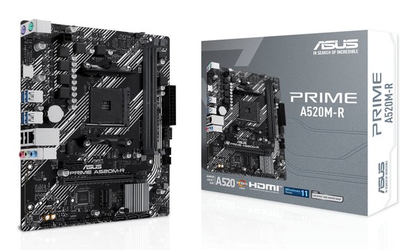 Материнская плата ASUS PRIME A520M-R, AM4, AMD A520, 2xDDR4, 4xSATA, 1xM.2, 1xPCIe 3.0 x16, 1xPCIe x1, 1xHDMI, 1x 1Gb LAN, 2xUSB-A 2.0, 4xUSB-A 3.2 Gen 1, 3x3.5 мм, 7.1, mATX