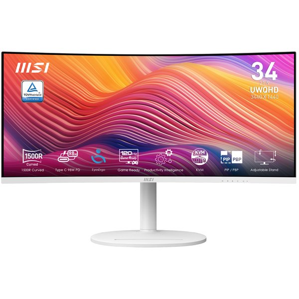 Монитор 34" MSI Modern MD342CQPW VA 3440x1440, 120 Гц, 4 мс, 21:9, 300 кд/м², 2xHDMI, 1xDP, 1xUSB-C, 2x3 Вт, белый, изогнутый