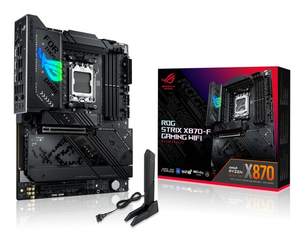 Материнская плата ASUS ROG STRIX X870-F GAMING WIFI, AM5, AMD X870, 4xDDR5, 2xSATA, 4xM.2, 1xPCI-E 5.0 x16, 1xPCI-E 4.0 x4, 1xHDMI, 1xDP, 2xUSB-C USB4, 1xUSB-C 10Gbps, 5xUSB-A 10Gbps, 4xUSB-A 5Gbps, 1x 2.5Gb LAN, 2x3.5 мм, 7.1, ATX
