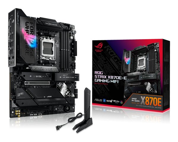 Материнская плата ASUS ROG STRIX X870E-E GAMING WIFI, AM5, AMD X870E, 4xDDR5, 4xSATA, 5xM.2, 1xPCI-E 5.0 x16, 1xPCI-E 4.0 x4, 1xHDMI, 1xUSB-C 3.2 Gen 2, 1xUSB-C 3.2 Gen 2x2, 2xUSB-C 4.0, 1x 5Gb LAN, 9xUSB-A 3.2 Gen 2, 2x3.5 мм, TOSLINK, 1xWi-Fi 7, ATX