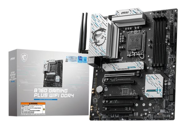Материнская плата MSI B760 GAMING PLUS WIFI DDR4, LGA 1700, Intel B760, 4xDDR4, 4xSATA, 2xM.2, 1xPCI-E 4.0 x16, 1xPCI-E 4.0 x4, 3xPCI-E 3.0 x1, 1xHDMI, 1xDP, 2xUSB 3.2 Gen 2, 4xUSB 2.0, 1xUSB 3.2 Gen 2, 1x 2.5Gb LAN, 5x3.5 мм, 7.1, ATX