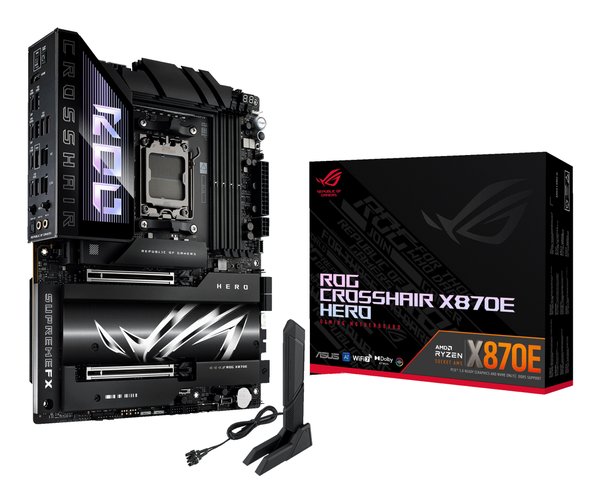 Материнская плата ASUS ROG CROSSHAIR X870E HERO, AM5, AMD X870E, 4xDDR5, 4xSATA, 5xM.2, 2xPCI-E 5.0 x16, 1xHDMI, 2xUSB-C (видео), 2x 5Gb LAN, 6xUSB-A 3.2 Gen 2, 2xUSB-C 3.2 Gen 2, 2xUSB4, 2x3.5 мм, 7.1, ATX